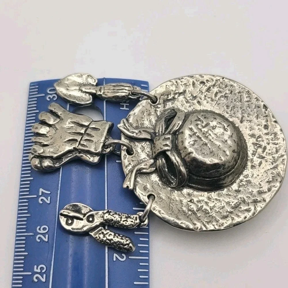 Vintage Sheridan Pewter‎ Hat Brooch Pin Signed Gardening Charms Cottagecore